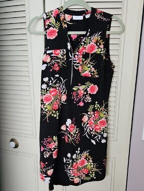 New York & Company Black Midi Dress with Pink Floral Pattern